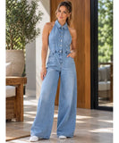 Women’s Wide Leg Denim Jumpsuit with Shirt Collar | Rosae