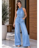 Women’s Wide Leg Denim Jumpsuit with Shirt Collar | Rosae