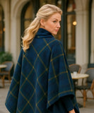 Women's plaid blanket poncho in indigo windowpane plaid, back view